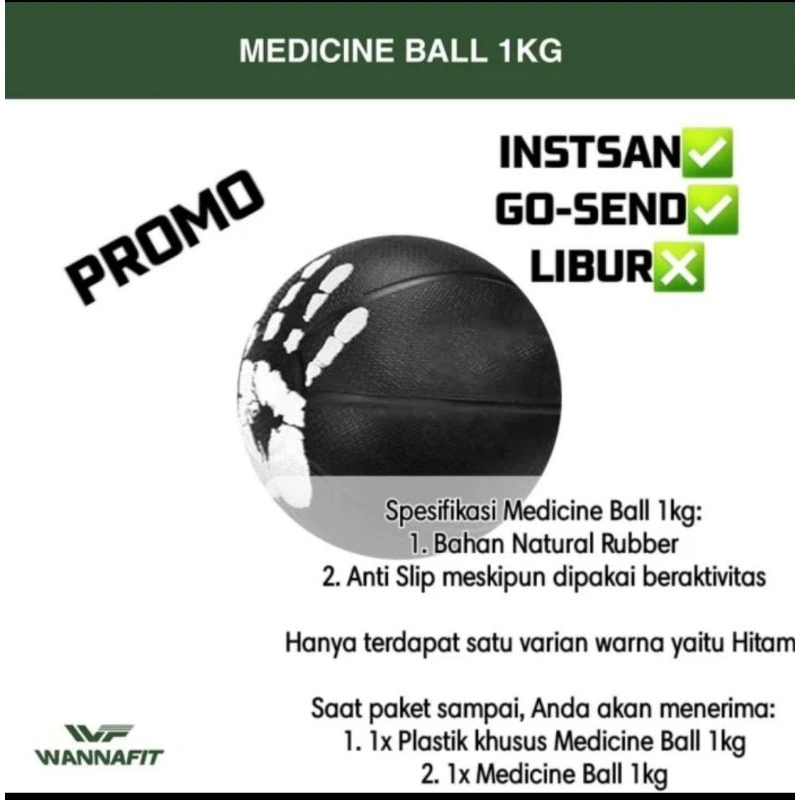 MEDICINE BALL SLAM EXERCISE BOLA MEDIS  GYM BALL YOGA FITNES GYM BAHAN KARET TIDAK MANTUL TONNING BALL WANNAFIT 1 KG