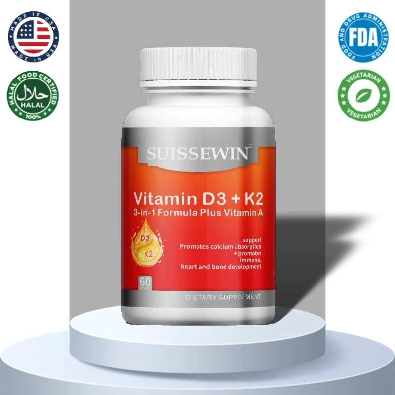 Vitamin D3 + K2, 5000IU, meningkatkan penyerapan kalsium, mencegah osteoporosis, mendukung kesehatan sistem kardiovaskular dan arteri, serta membantu menambah tinggi badan