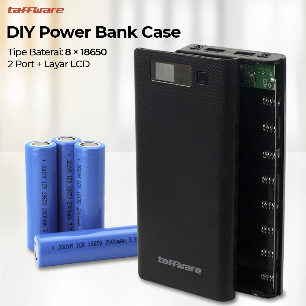 Taffware DIY Power Bank Case 8x18650 2 Port Display - A8 - Black