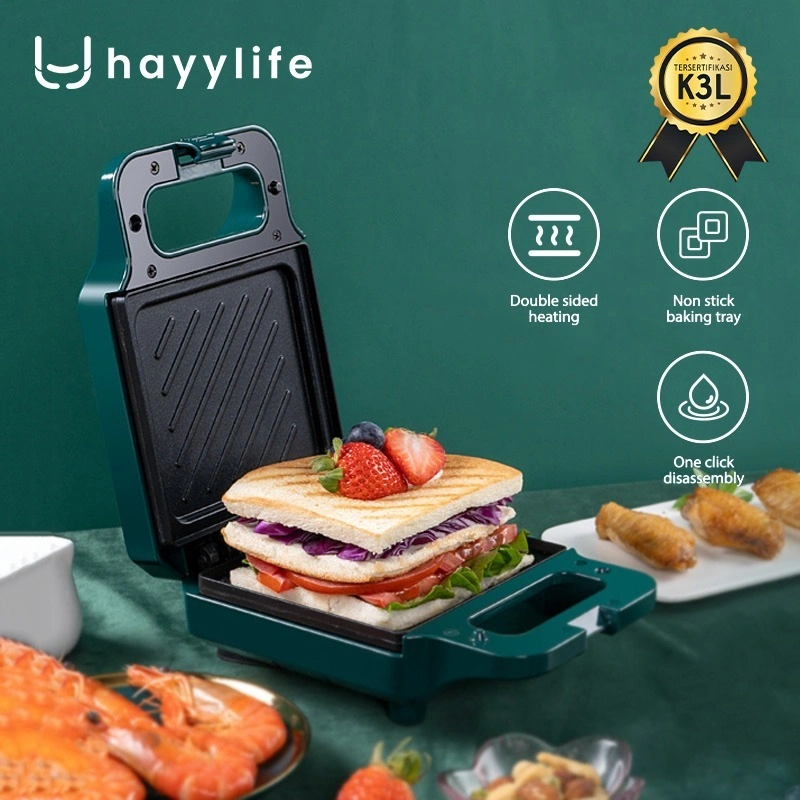 Hayylife Sandwich Toaster Maker Breakfast Pemanggang Roti Multifungsi Anti Lengket Low Watt K3L HL-DAA851