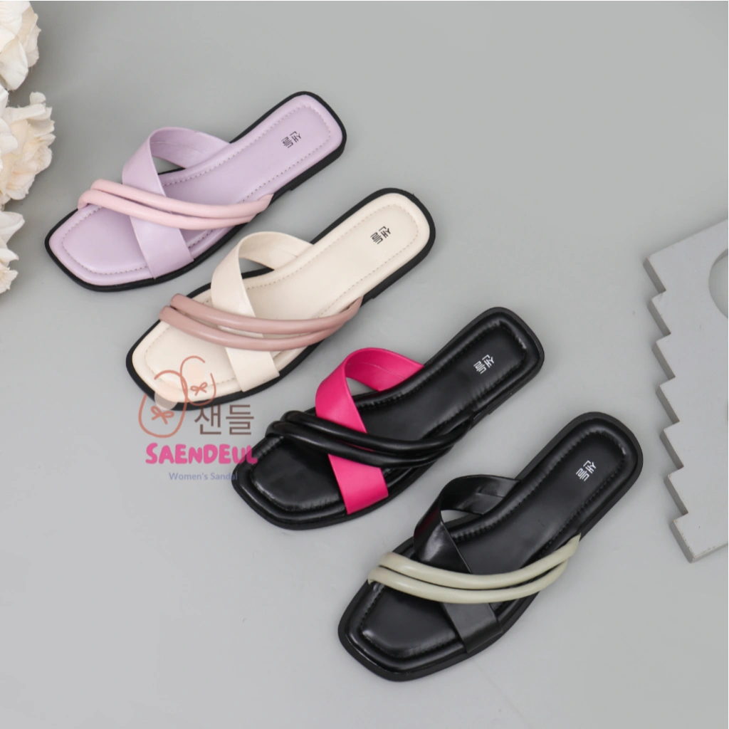 SAENDEUL Angel Sandal Flat Wanita Korea Kekinian Sendal Silp Teplek Santai Rumahan
