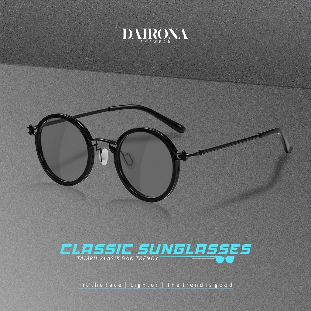 Dairona Eyewear Kacamata Hitam Sunglasses Gaya Vintage Model Bulat Bisa Minus UV400 Kacamata Hitam TR-90+Metal Pria Wanita A-10749