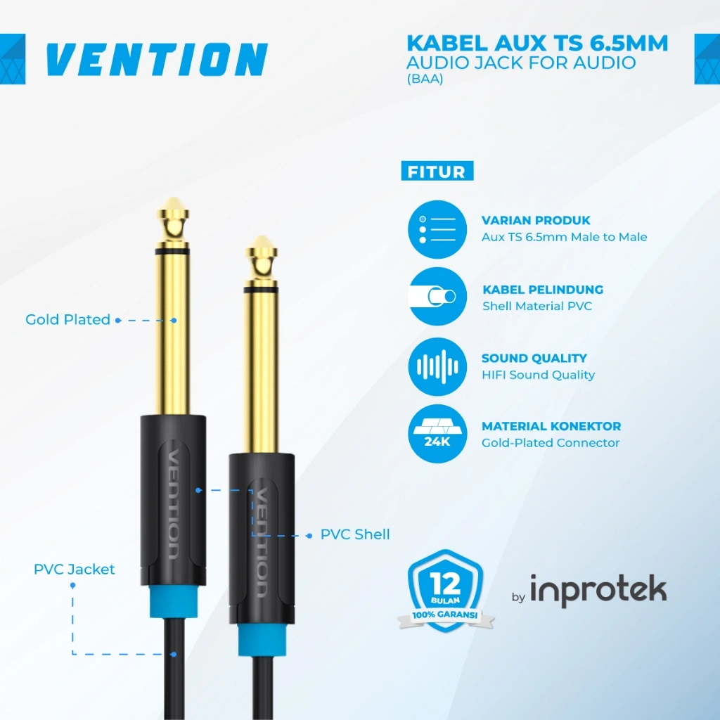 Vention Kabel Audio Aux 6.5mm 1/4 Inch Mono Patch Male to Male