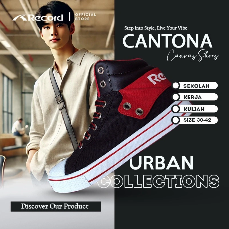 [RECORD SHOES] CANTONA Sneaker Sekolah Casual Sepatu kanvas Anak Hitam Merah Putih 30-42