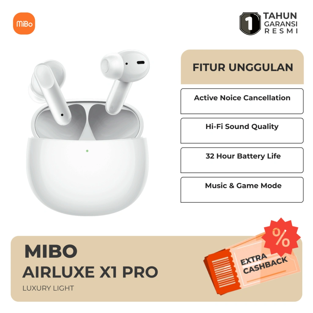 MiBo Airluxe X1 Pro TWS - Bluetooth 5.3 | ANC | Hi-Fi Sound | Game Mode | 32 Jam | Garansi 1 Tahun