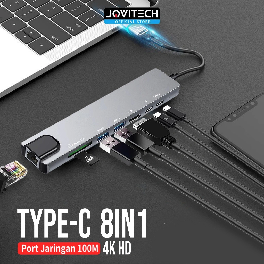 Jovitech Converter USB Type-C USB HUB 8in1 With HDMI 4K PD 100W USB3.0 Port Garansi 1 Tahun - DS01