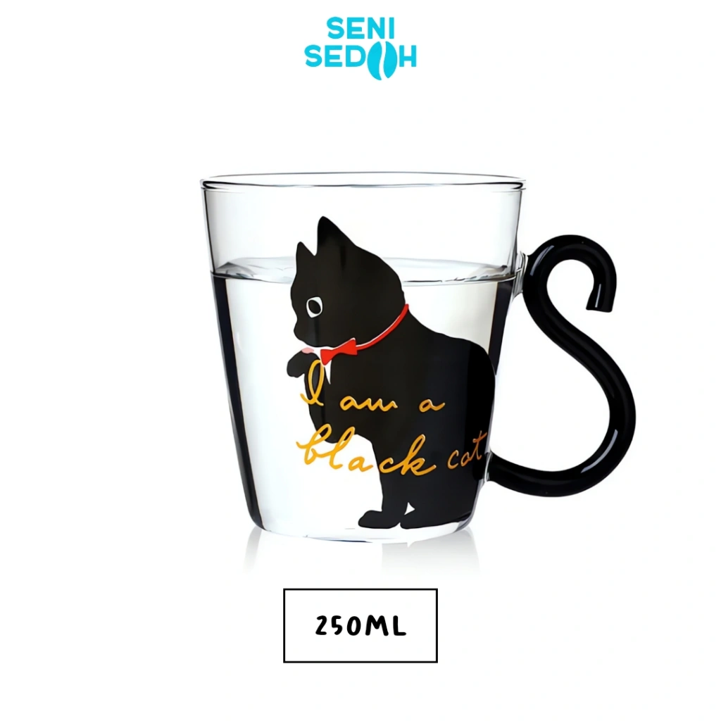 Seni Seduh Gelas Cangkir Kaca Handle Ekor Kucing 250ml
