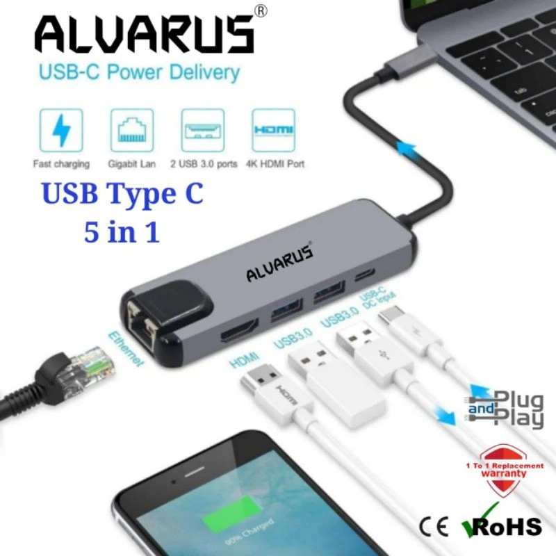 ALVARUS Converter Adaptor 4K 5in1 Type C to HDMI USB*2 /LAN/PD 3.0 USB Hub