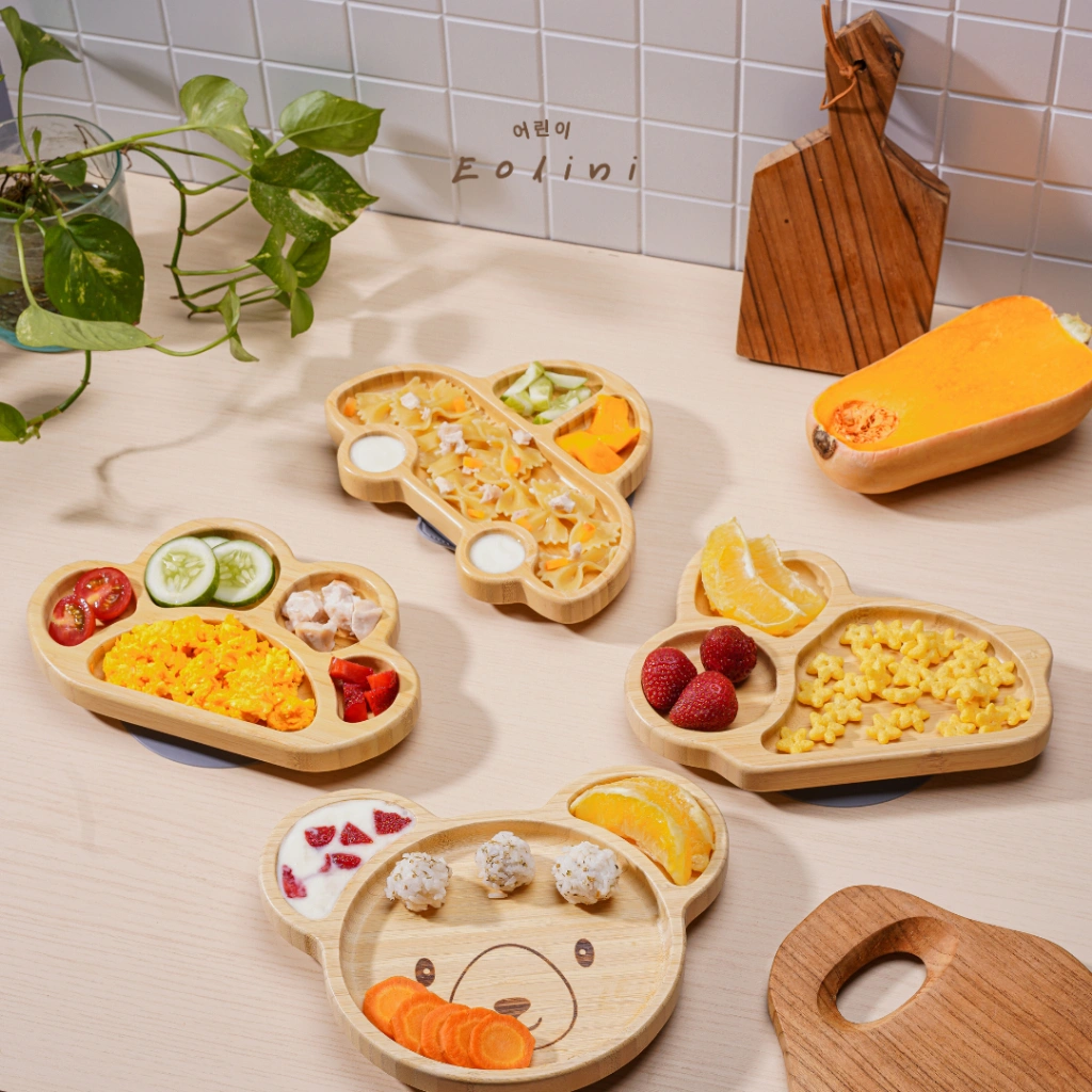 [ Eolini ] Bamboo Silicone Suction Plate Animal Shape / Piring Tempat Makan Kayu Bambu Anak Bayi Mpasi Silikon Bentuk Hewan