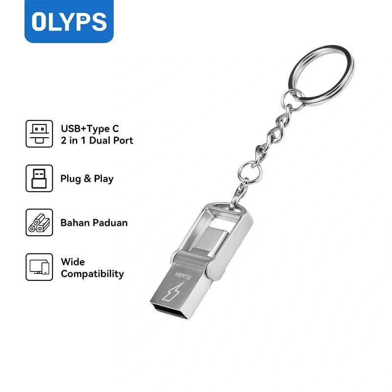 OLYPS Flashdisk OTG Type C + USB 2 in 1 Dual Port 128G 64GB Flash Drive Mini untuk HP/Laptop/Tablet