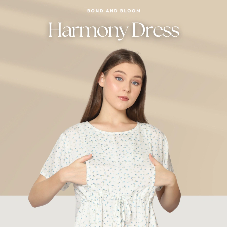 Bond and Bloom Harmony Dress in White,  Baju Hamil dan Menyusui, Bahan Rayon Premium
