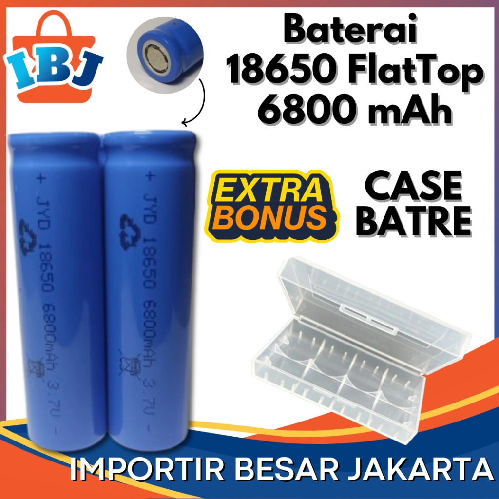 Baterai Senter Li-ion 18650 3.7V 6800 mAh FlatTop (2 PCS) BONUS CASE 2 Slot