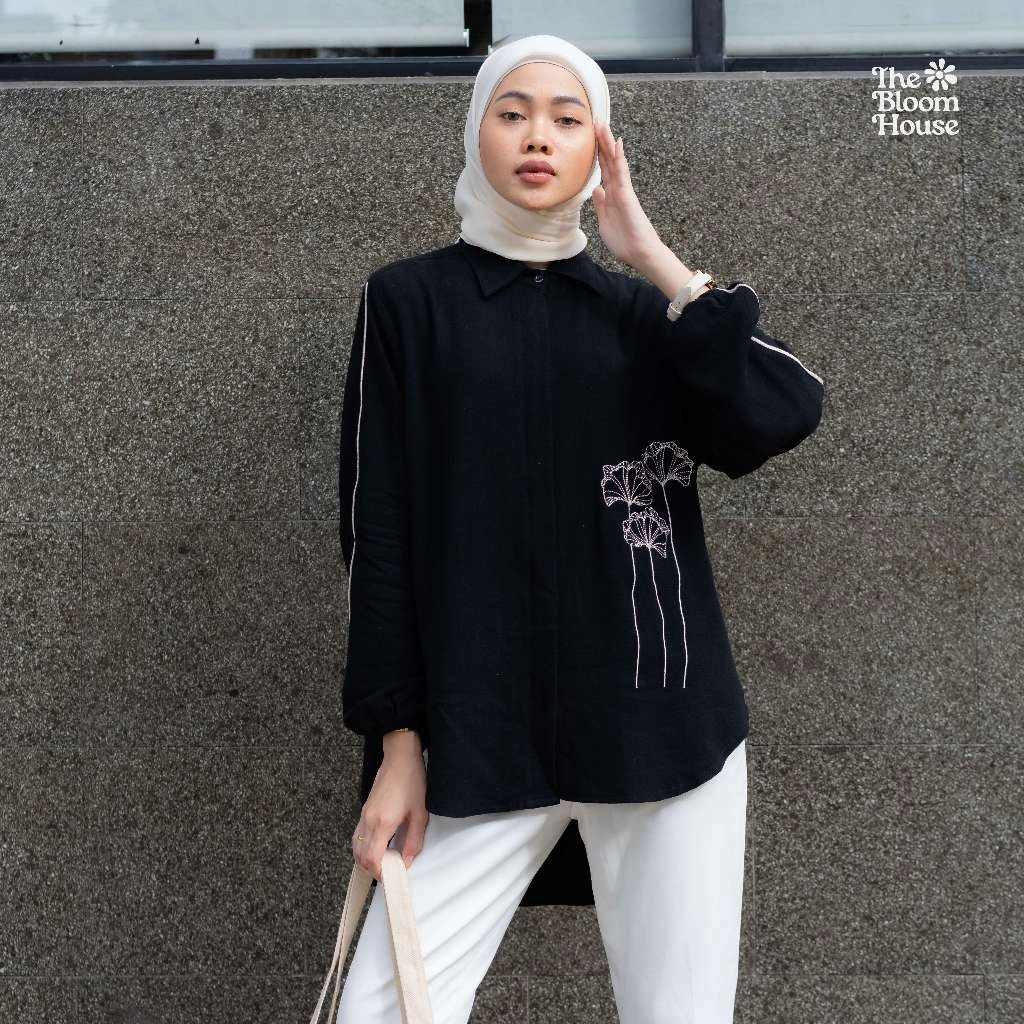 Louise Shirt Linen Bordir Wanita – Kemeja Casual Elegan | The Bloom House B723