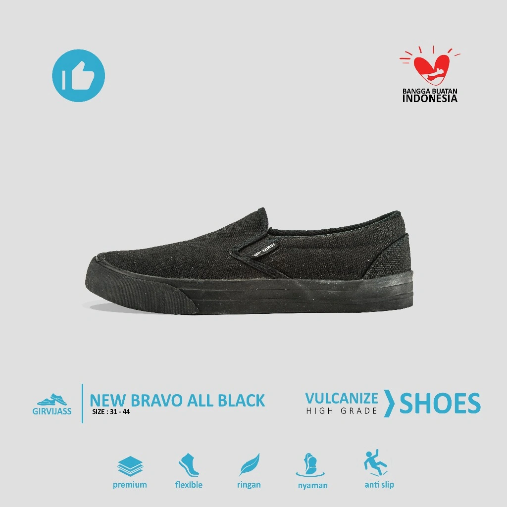 GIRVI New Bravo Sepatu Jass Kanvas Vulcanized Slip On Hitam Polos Ukuran 31–36