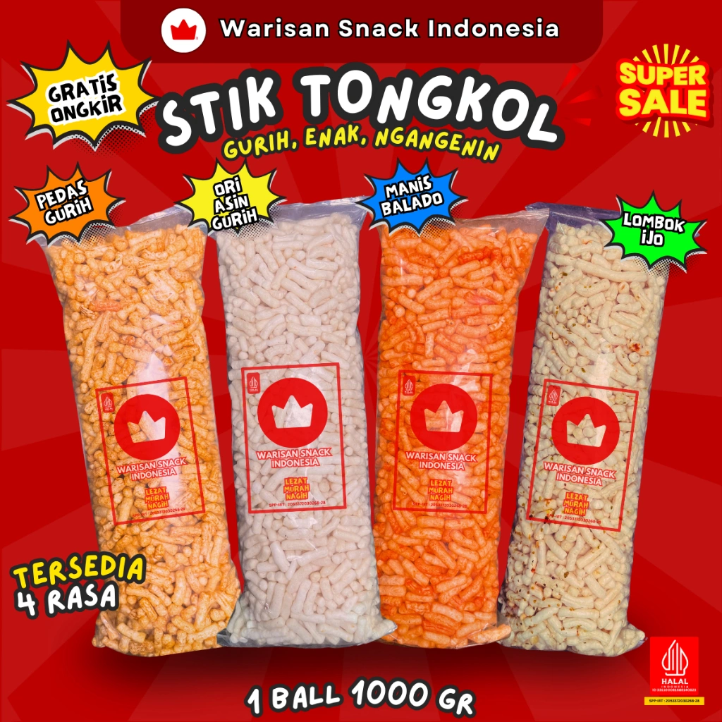 (1 BALL) KERUPUK STIK IKAN TONGKOL WARISAN SNACK INDONESIA (1kg), Makanan Ringan Krupuk Cemilan Murah halal pedas daun jeruk