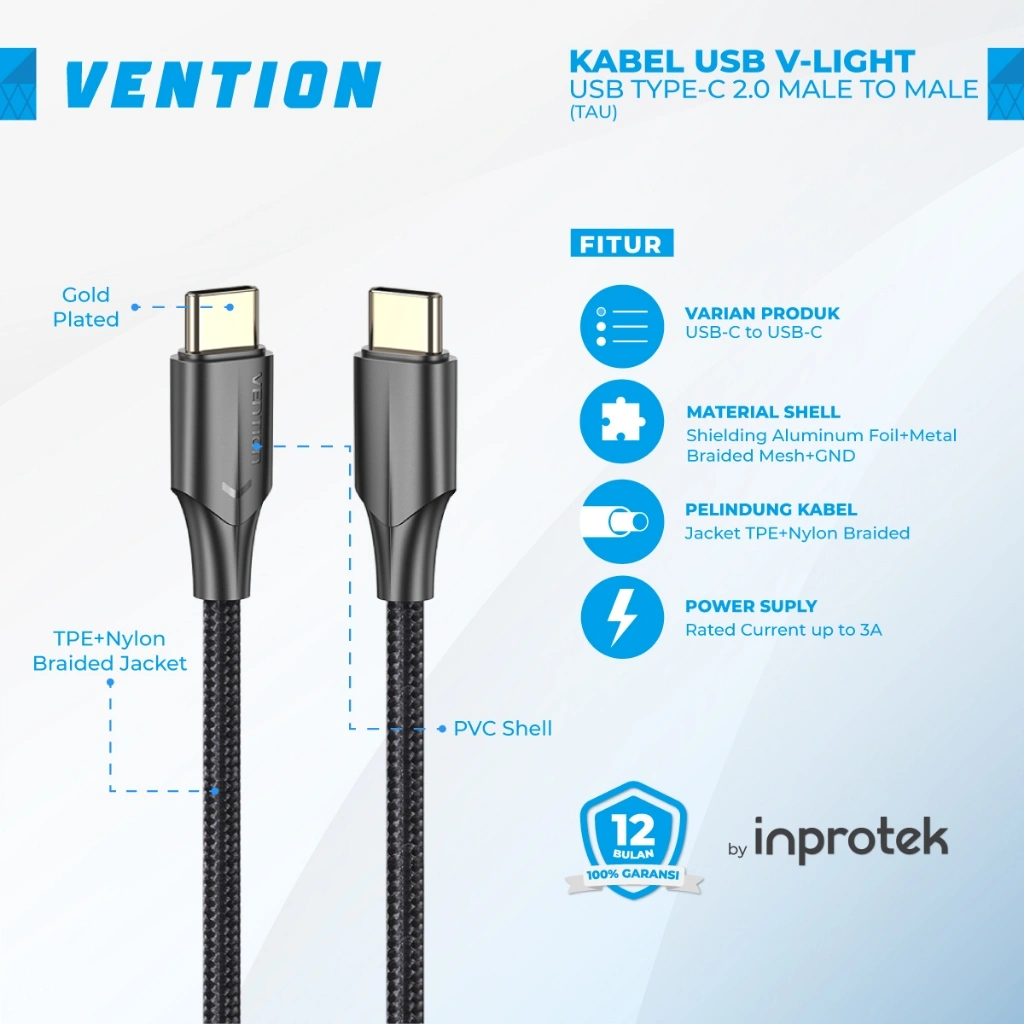 Vention Kabel Charger V-Light USB C to C Fast Charge LED for Android