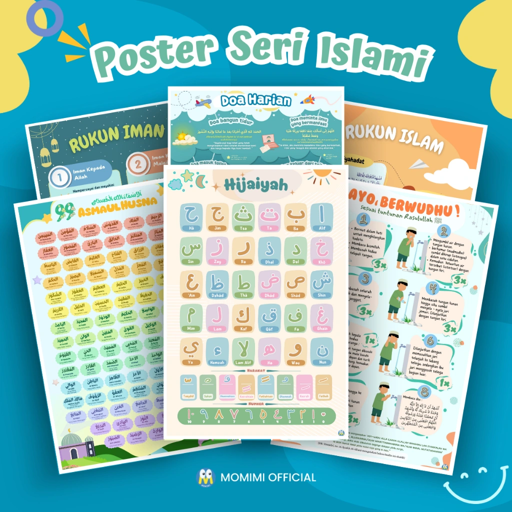 Poster Edukasi Anak Muslim Islami | Huruf Hijaiyah Asmaul Husna Rukun Iman-Islam Berwudhu Doa Harian