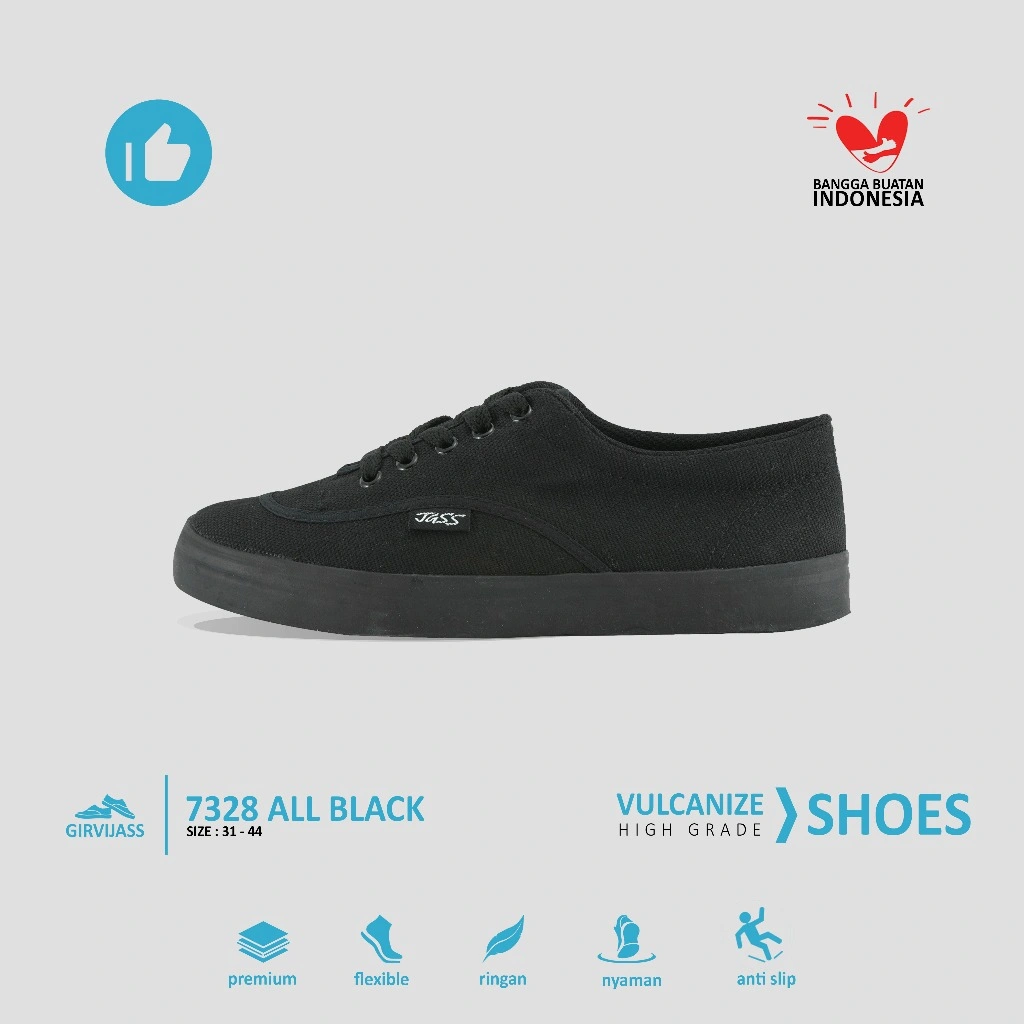 GIRVI 7328 Sepatu Sekolah Jass Kanvas Vulcanized Bertali Hitam Polos Ukuran 31–36