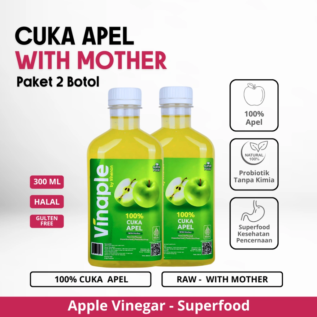 VINAPLE - Cuka Apel 100% Murni - Untuk Kesehatan Pencernaan dan Usus - Detoks Alami & Halal - COD