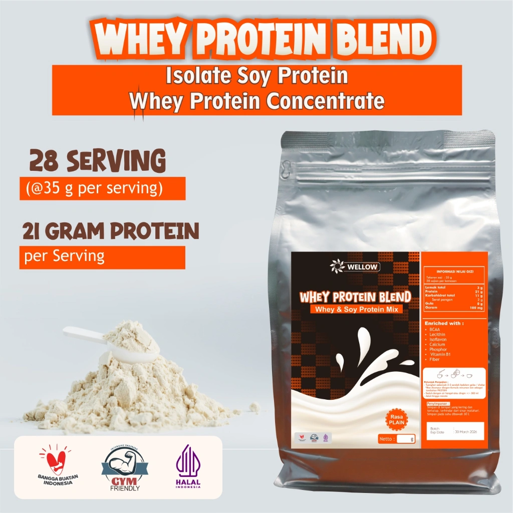Susu Whey protein Blend kombinasi protein kompleks dari whey protein concentrate dan isolat soy protein bantu penuhi kebutuhan harian serta bangun massa otot setelah latihan gym