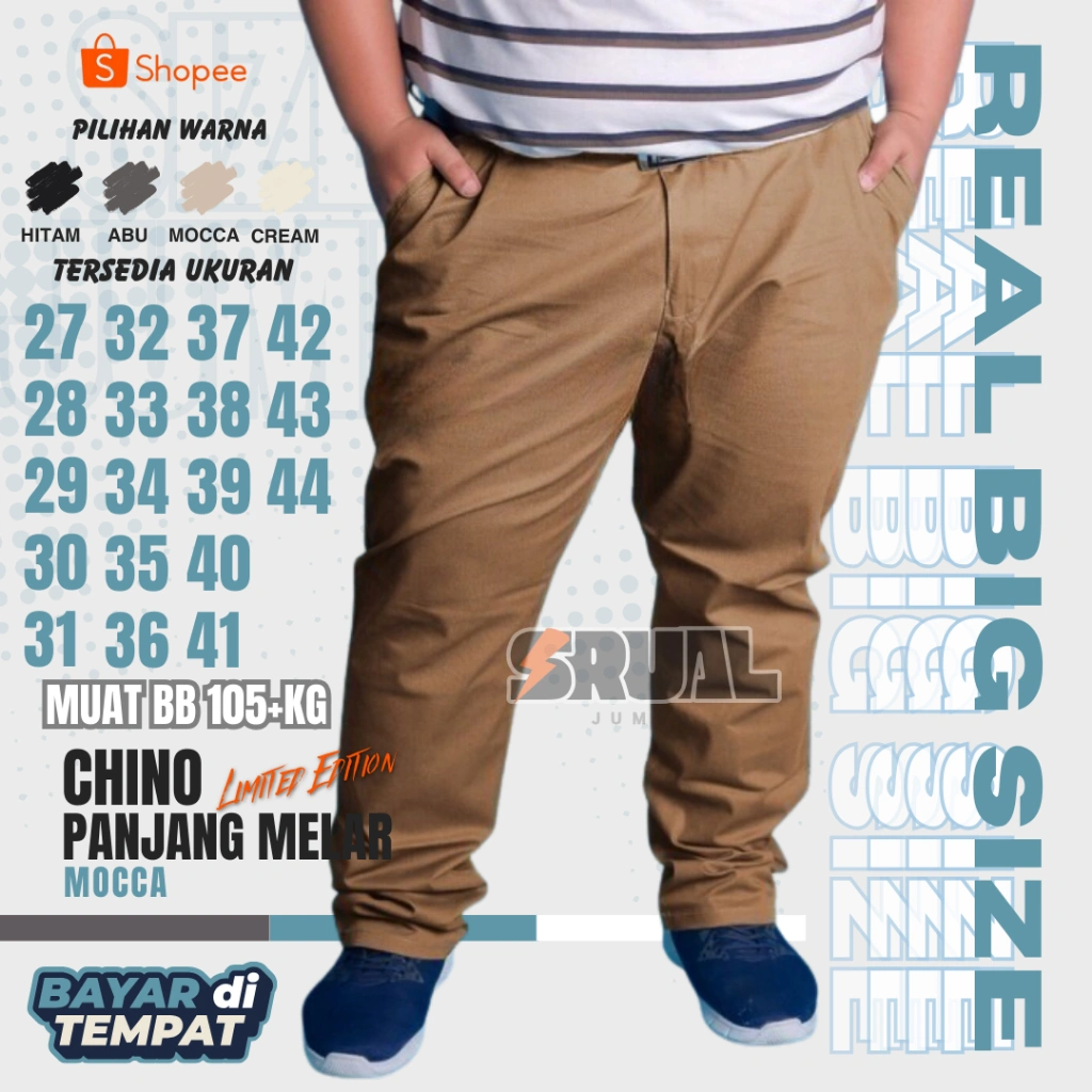 CELANA CHINO PANJANG PRIA BIG SIZE JUMBO ORIGINAL REGULER FIT DISTRO BAHAN MELAR STRETCH SIZE 27-44