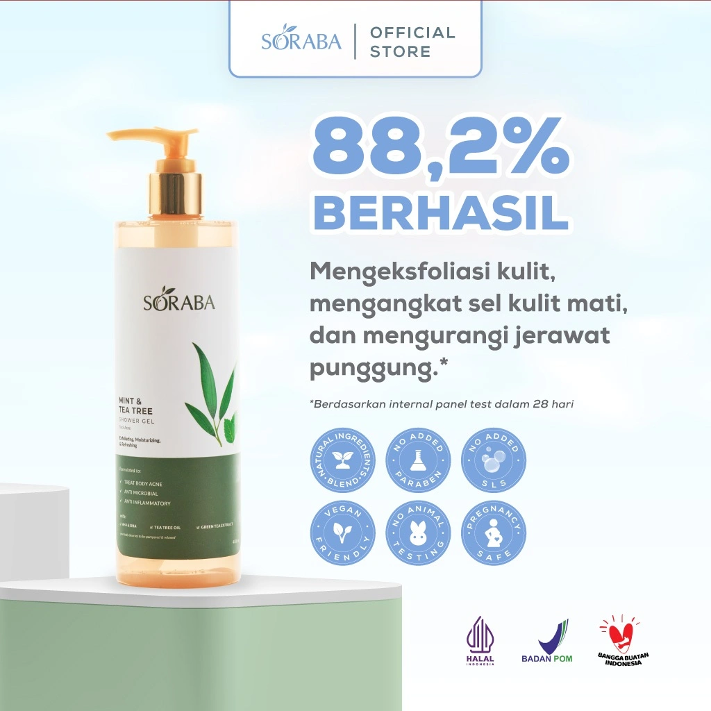 SORABA Acne In Shower Treatment Mint & Tea Tree |Natural AHA BHA Exfoliation| Severe Acne Shower Gel