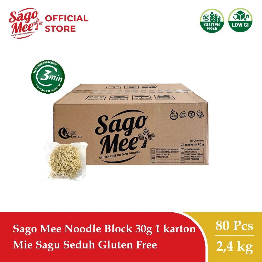 Sago Mee Gluten Free Mie Instan Noodle Block 30g (1 karton) Mie Sagu Seduh Tanpa Cup Tanpa Bumbu