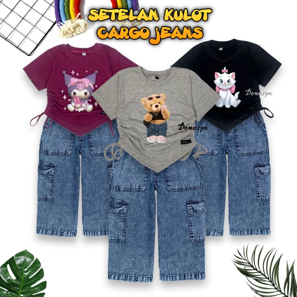 SETELAN ANAK PEREMPUAN KEKINIAN / ONE SET KULOT CARG0 JEANS / KAOS SERUT SABLON USIA 2-12 TAHUN