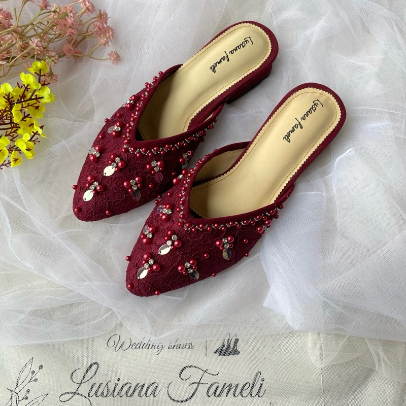 Jihyun |  sepatu Payet wanita high heels wedding shoes kondangan acara formal pengantin hak tahu  1 sampai 7 cm warna maroon payet simple