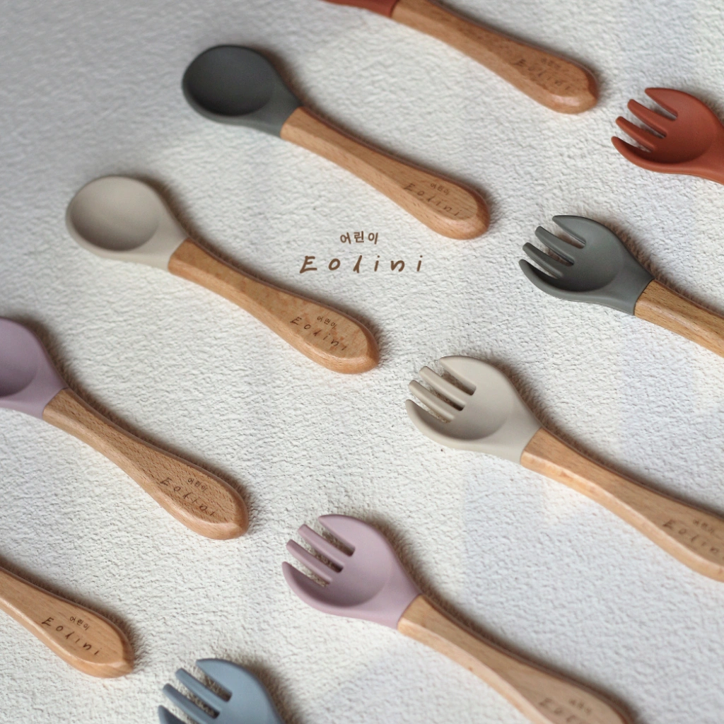 [ Eolini ] Silicone Set Wood Toodler Baby Spoon Fork / Sendok Garpu Kayu Bambu Alat Makan Anak MPASI