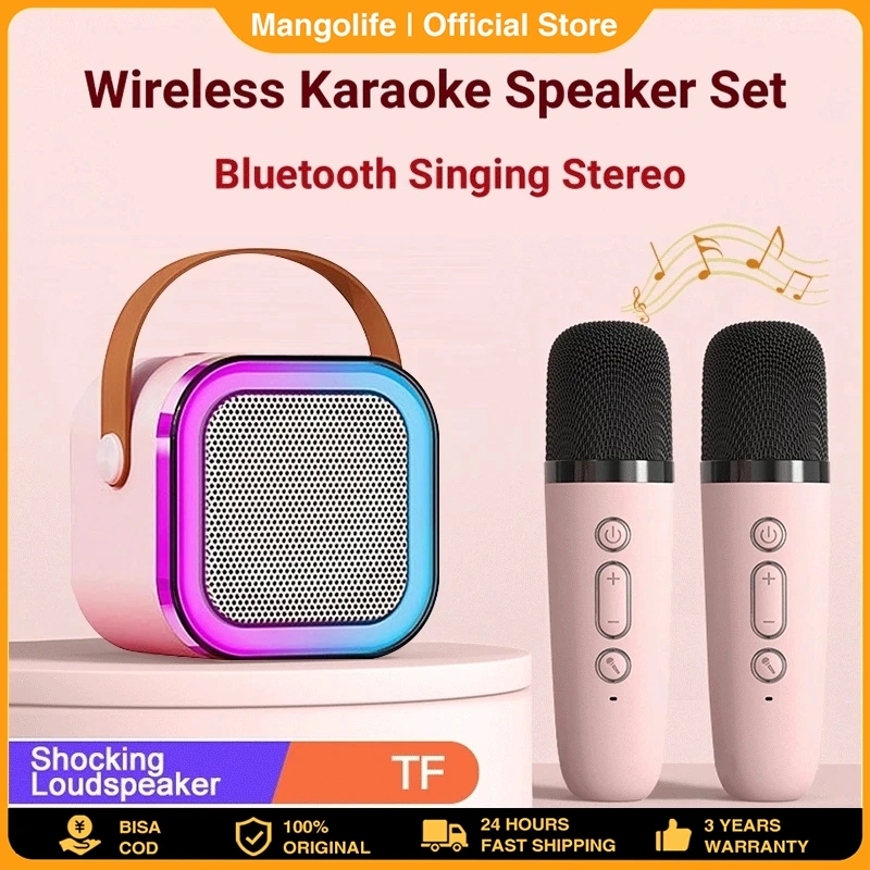 Mini Speaker Bluetooth 2 Mic 1 Set Karaoke Speaker Bluetooth Full Bass Portable Wireless Karaoke Mic Speaker(Dapat Terhubung Ke Keponsel/Komputer/TV) Original Suara Jernih-Garansi Asli