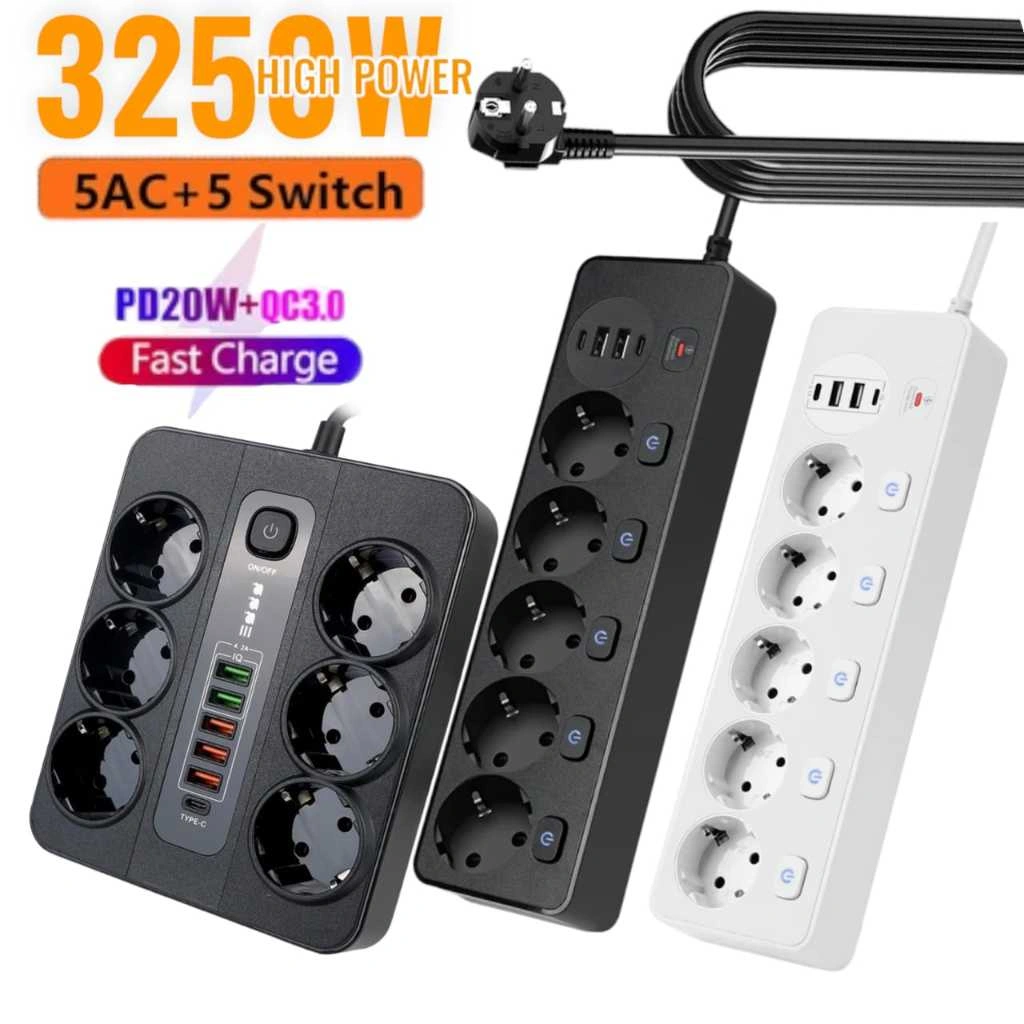 Smart Stop Kontak Colokan Listrik Port USB Type C 250V 3250W 5 Plug 6 lubang EU 3000W  Steker Staker