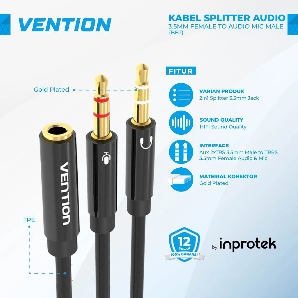 Vention Kabel Aux Audio & Mic Splitter 3.5mm 1 Female to 2 Male