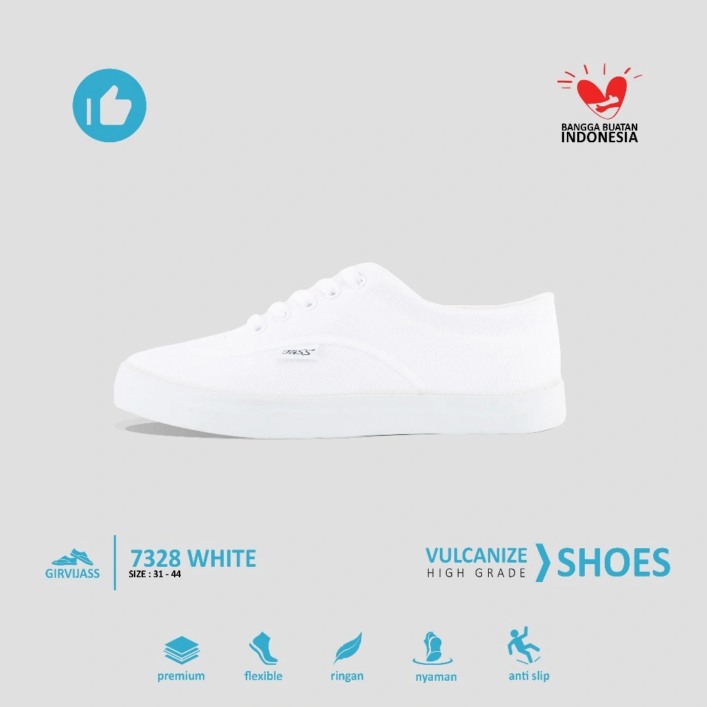 GIRVI 7328 Sepatu Jass Kanvas Vulcanized Bertali Putih Polos Ukuran 31–36