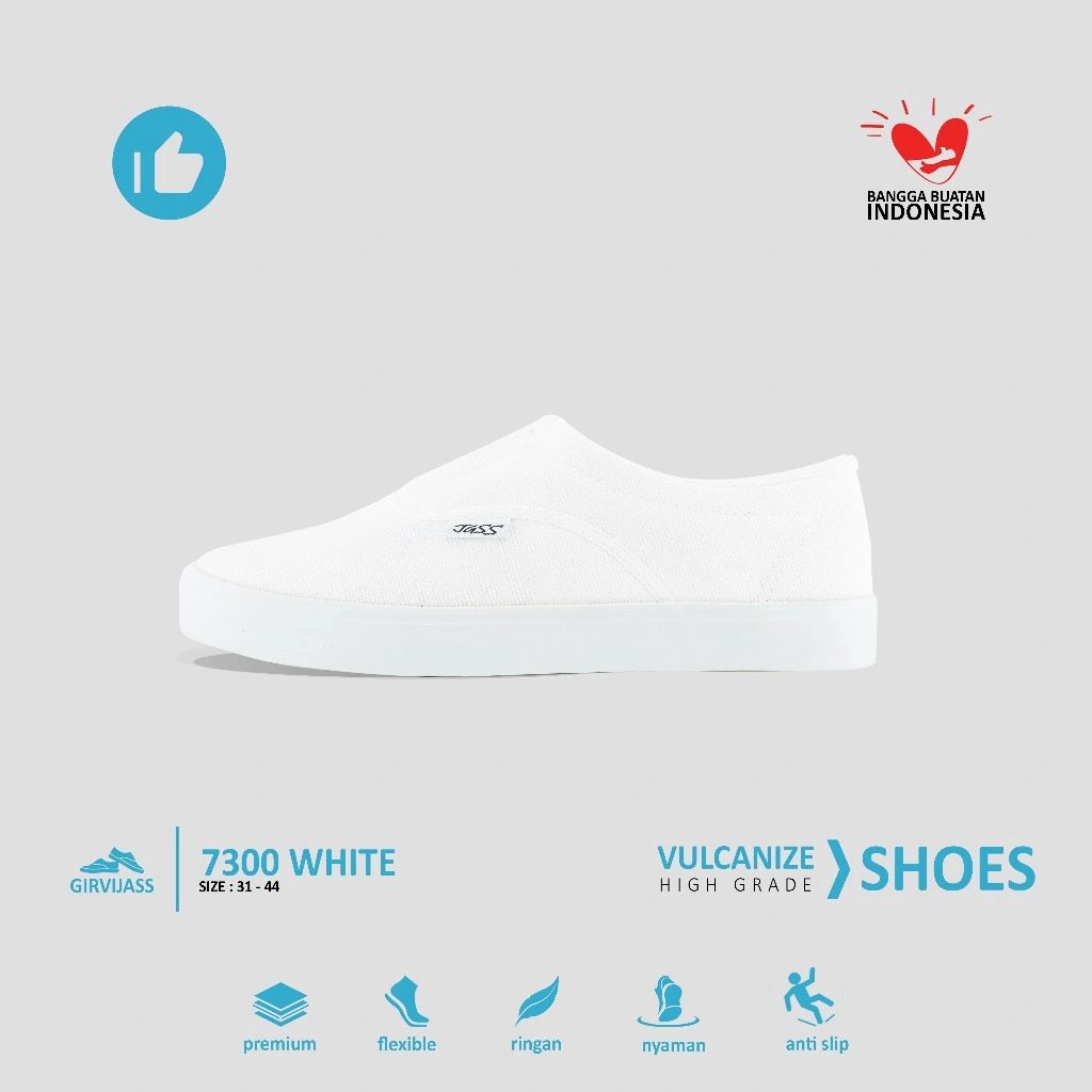GIRVI 7300 Sepatu Jass Kanvas Vulcanized Slip On Putih Polos Ukuran 31–36