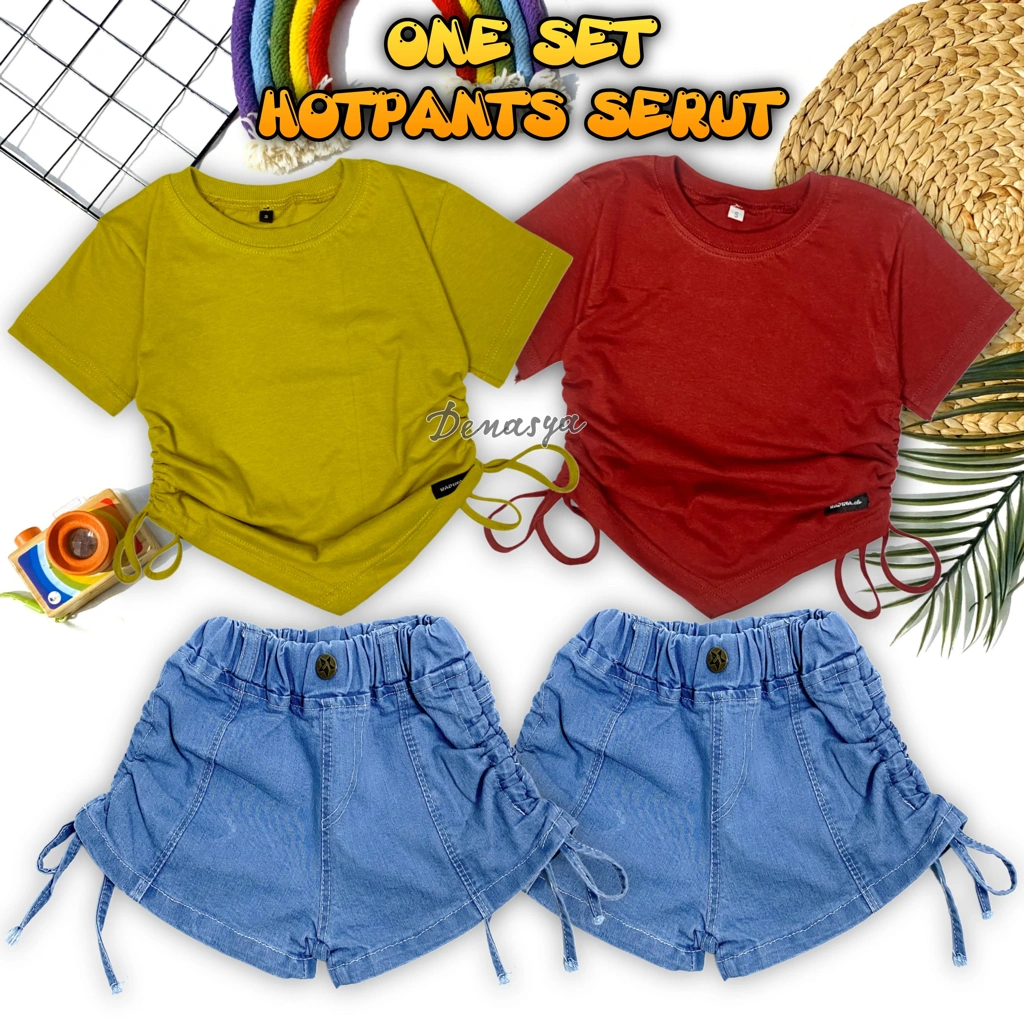 SETELAN PENDEK ANAK PEREMPUAN KEKINIAN / HOTPANTS SERUT JEANS LIGHTBLUE / ONE SET KAOS SERUT USIA 6 BULAN-6 TAHUN
