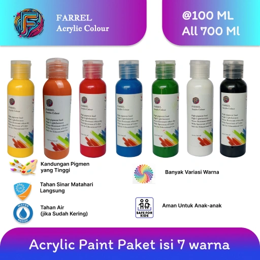 Cat Akrilik / Lukis / Kanvas / Mural Paket 7 warna isi 100 ML per botol Farrel Acrylic Colour