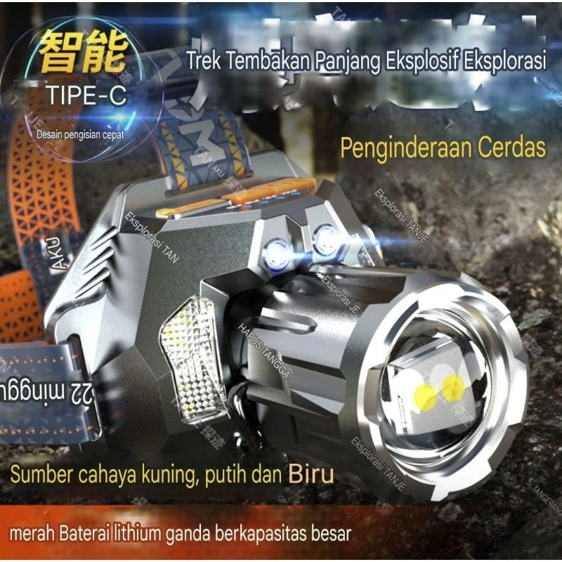 Senter Kepala Super Terang 100W Zoom Bisa Cahaya Putih Kuning Dan Biru Baterai Ganda Type C Movtess