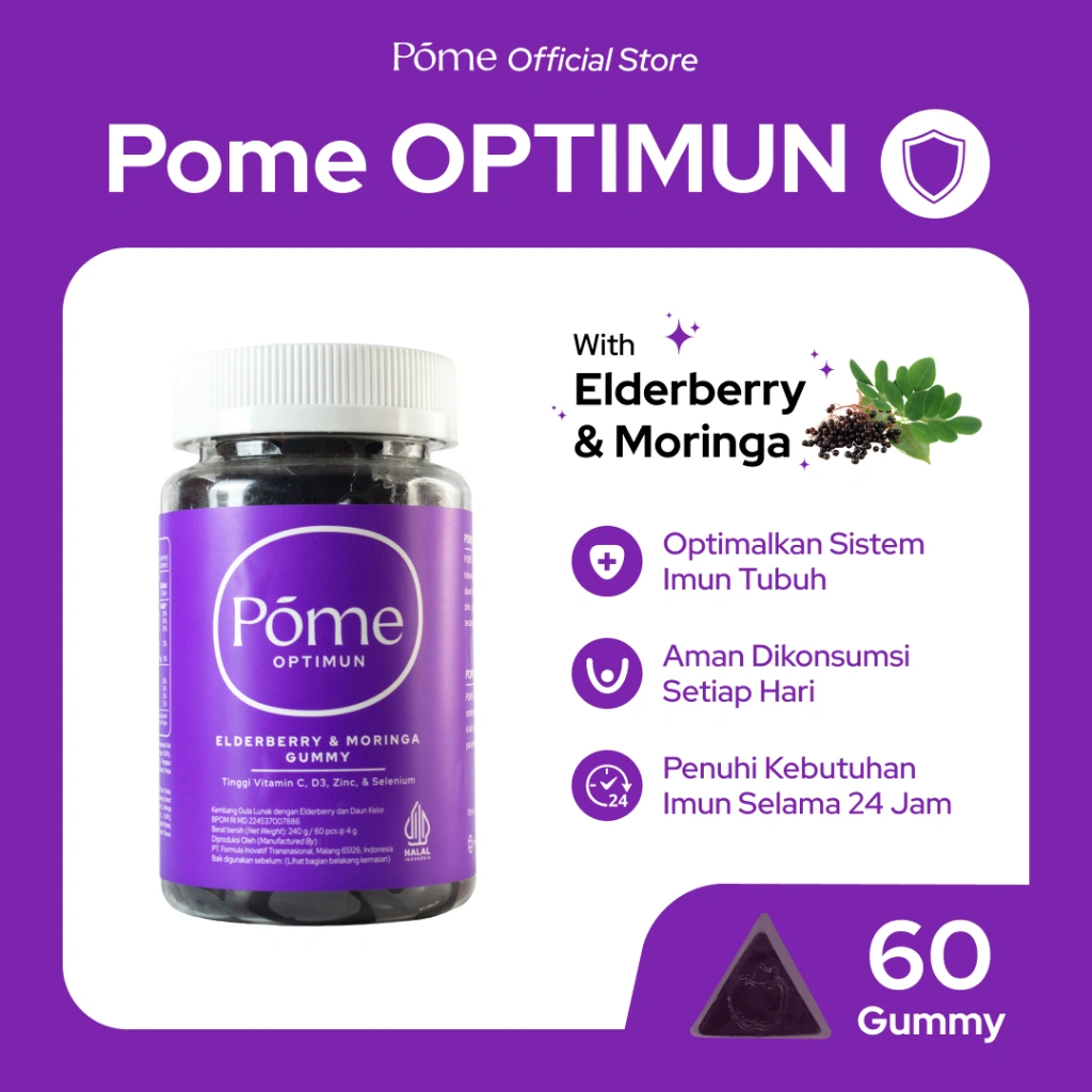 Pome Optimun 1 Botol - Elderberry & Moringa Gummy dengan Vit. C, Vit D, Zinc, dan Selenium