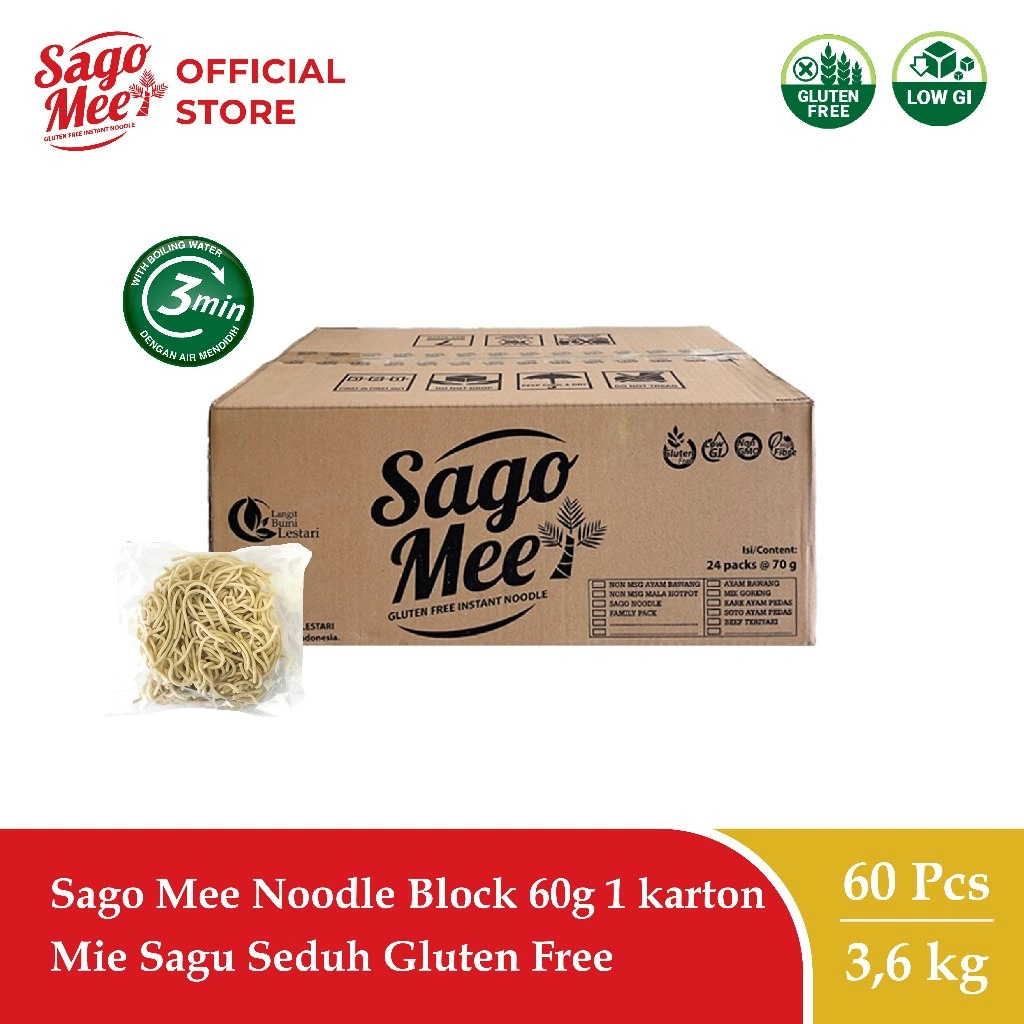 Sago Mee Gluten Free Mie Instan Noodle Block 60g (1 karton isi 60) Mie Sagu Seduh Tanpa Bumbu