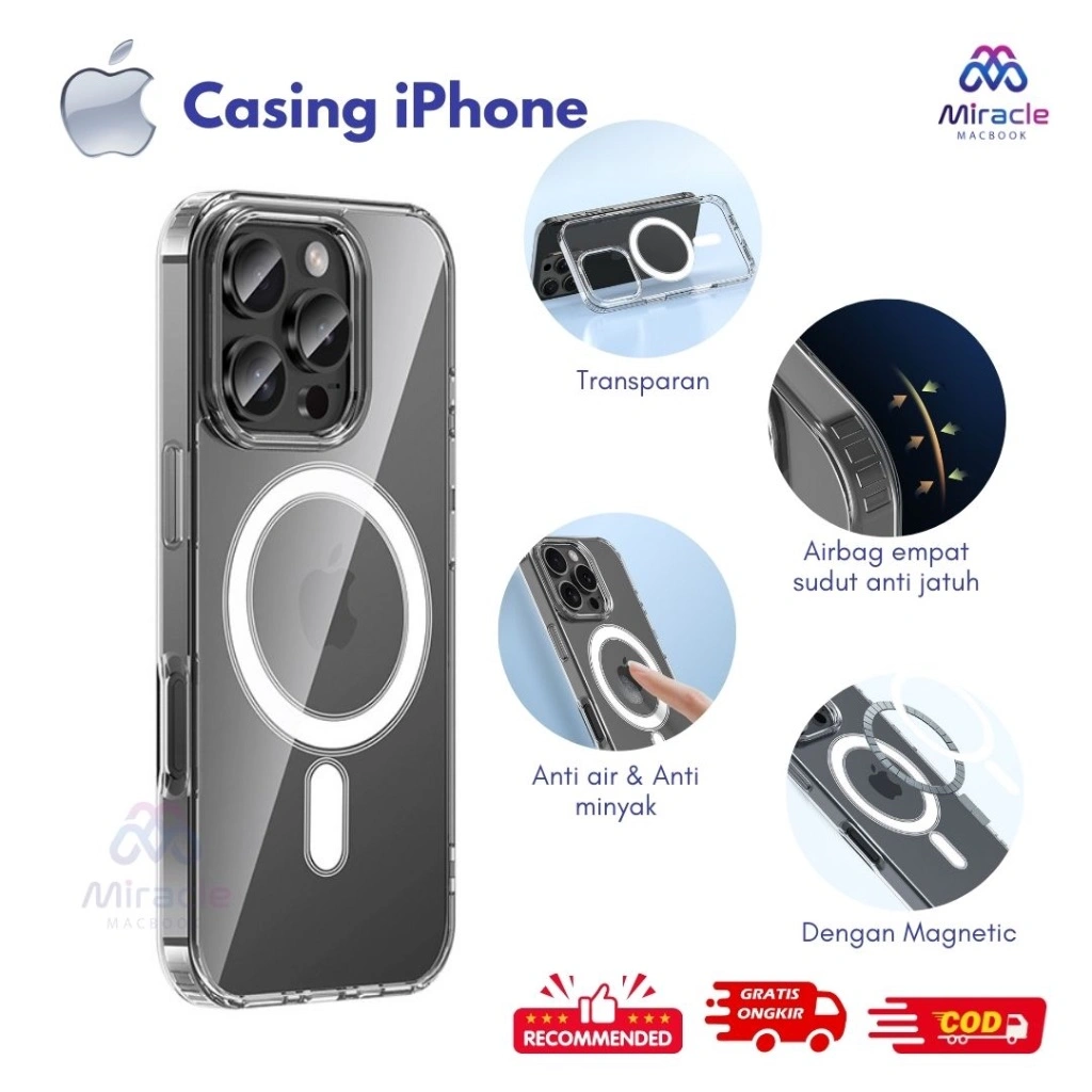Magnetic Case iPhone 11-17 Air Pro Max Plus XR X XS TPU Hybrid Airbag Clear Bumper Transparan