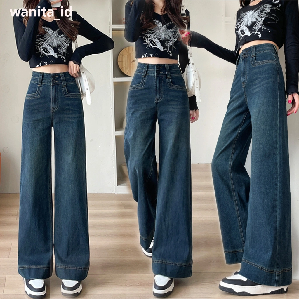 READY STOCK celana highwaist jeans wanita celana jeans panjang wanita celana kulot/ straight Celana jeans longgar denim cewek ootd