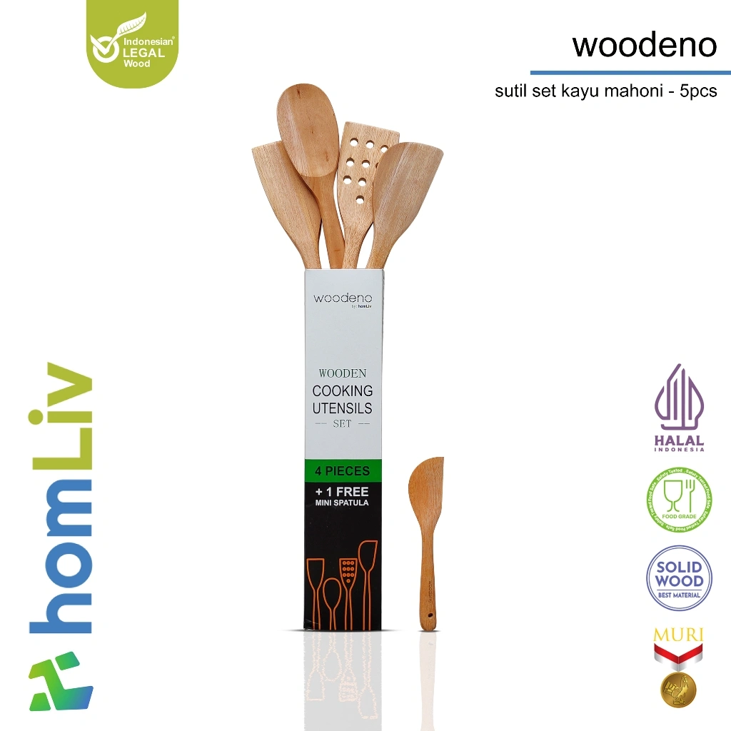 homLiv Sutil Kayu Mahoni 5 in 1 Set Wooden Cooking Utensils Foodgrade Woodeno