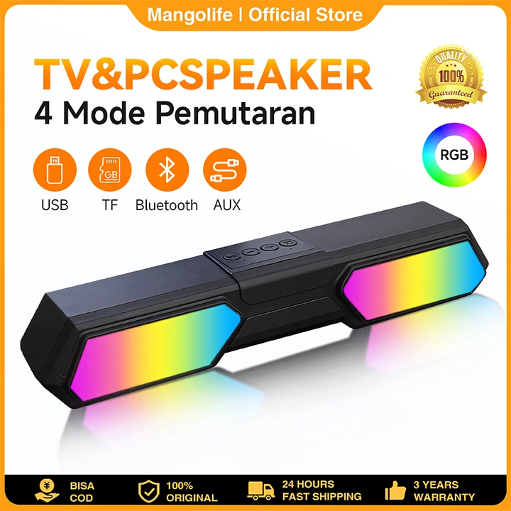 Speaker Bluetooth Soundbar Bass Super untuk TV/PC/Laptop/Gaming - Wireless, Mini Portable, RGB LED, Hi-Fi, FM/TF/AUX, Garansi 12 Bulan