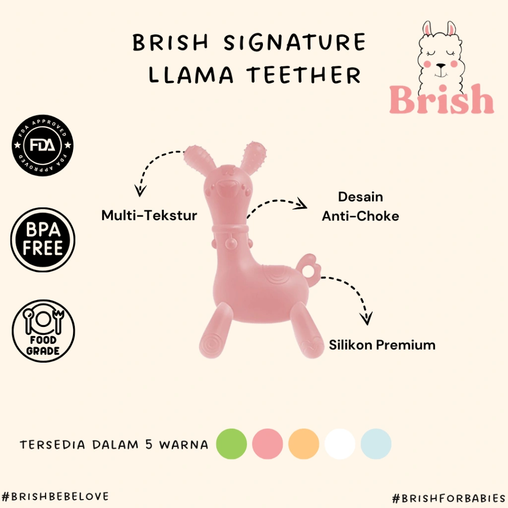 Llama Teether - Brish - Multitekstur | Gigitan Bayi Bpa Free | Free Strap | Bayi 0-1  Tahun
