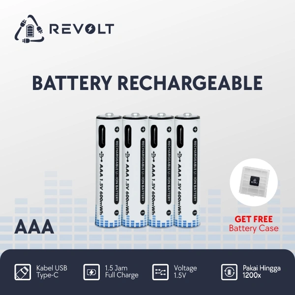 [PAKET HEMAT 2] Revolt - 4 Pcs FREE Casing Baterai Isi Ulang AAA 1.5V USB Type-C Tahan Lama / Rechargeable Lithium Ion Battery