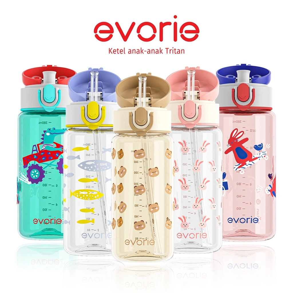 Evorie Tritan Kid Bottle Botol Minum Anak Dengan Sedotan,Botol Air Kids,Botol Bayi untuk 18+ Bulan BPA Free 380ML