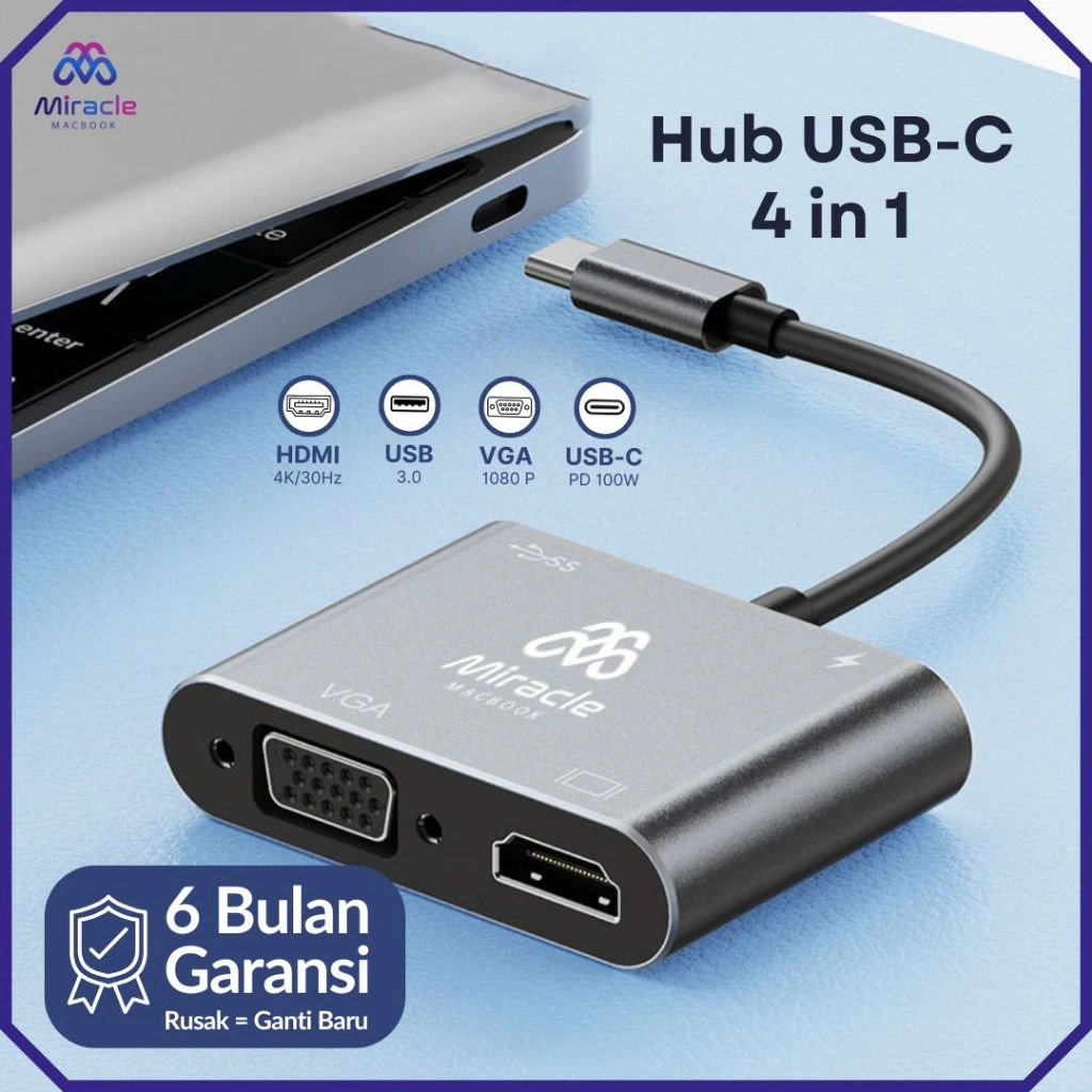 USB Type C Hub 4 in 1 – HDMI 4K / 1080P + USB 3.1 + VGA Converter – Dongle Adapter MacBook iPad Pro Mac Nintendo Switch TV