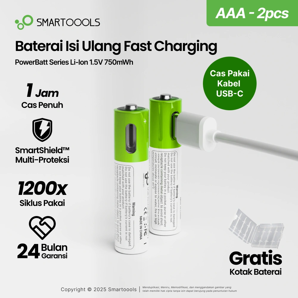 Baterai Cas Isi Ulang 2pcs Smartoools AAA 1.5V Type-C USB Lithium Battery Charge Free Case