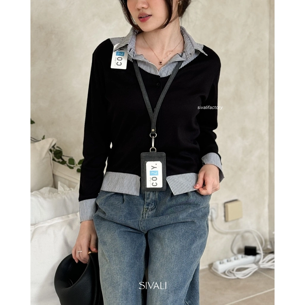 SIVALI Yuki Stripe Collar - Stripe Layer Shirt - Atasan Wanita Kemeja Lengan Panjang | 075